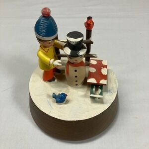 Vintage ANRI Wood Music Box Boy Building Snowman No Place Like Home Holidays EUC